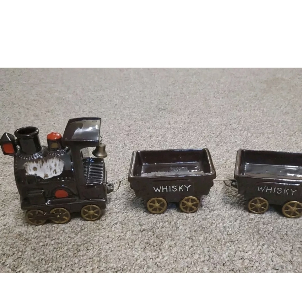 Vintage Ceramic Whisky Train With Metal Bell And Two Rail Cars Made In Japan